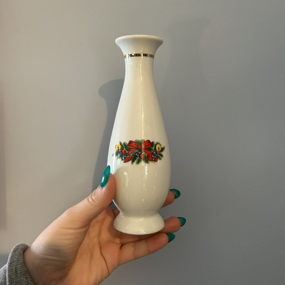 Vintage 1990 CHRISTMAS TREASURE Fine Porcelain‎ Vase 24 Karat Gold Trim Tree